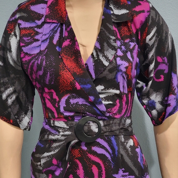 Vintage 80s PEA PATCH NY Purple Pink Sheath Pleated Hem Midi Dress XS/S - Picture 3 of 7